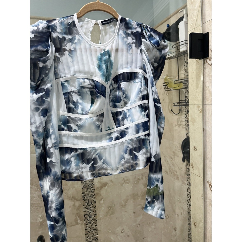 Karen Millen Bandage Bodice Peplum Blouse Blue Abstract Chiffon Top Size 2 XS